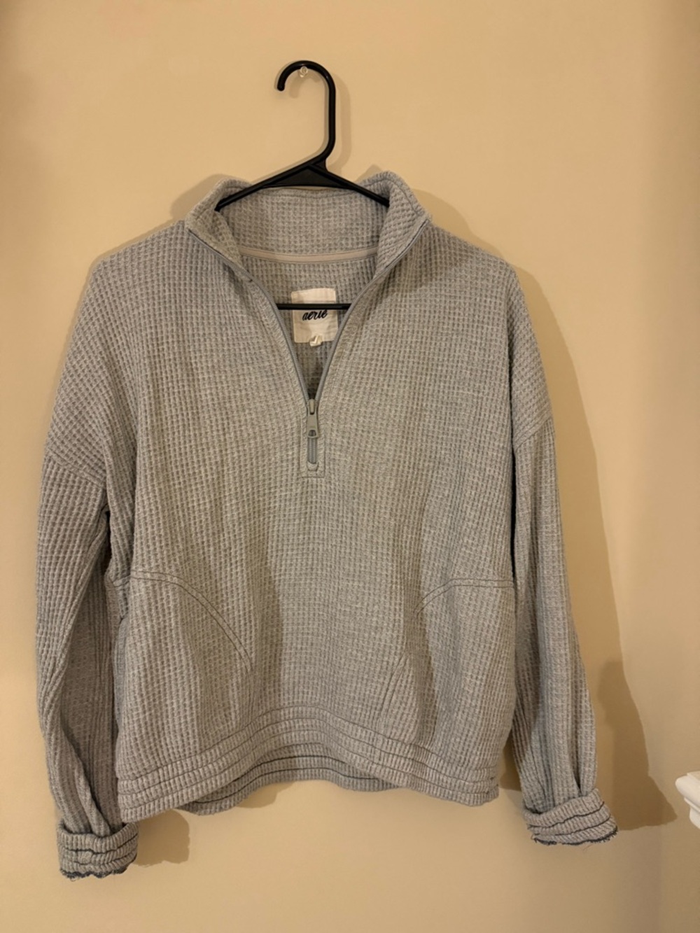 aerie Light Gray Waffle Zip Pullover